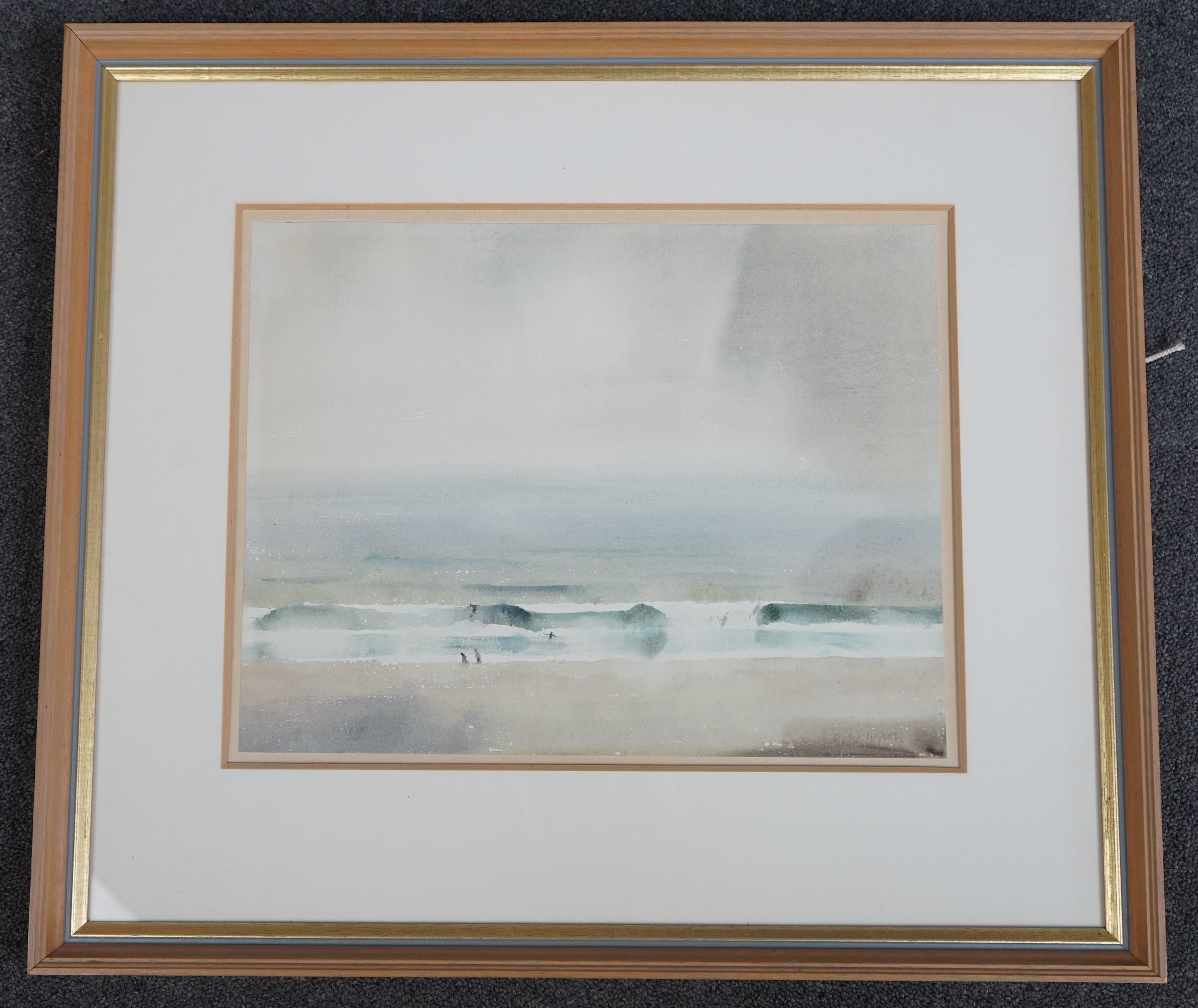 Leslie Worth RWS (1923-2009), watercolour, 'Surfers, Cornwall', 30 x 38cm. Condition - fair-good